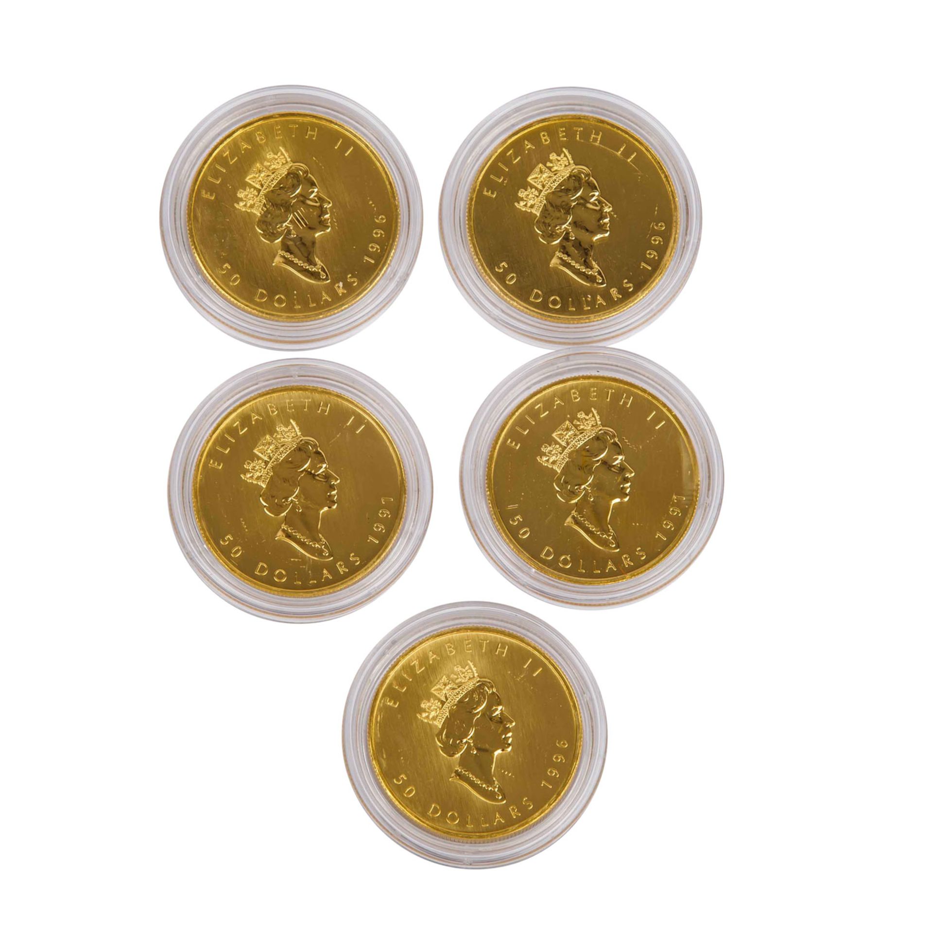 Kanada - 5 x 50 Dollars, Elizabeth II / Ahornblatt, GOLD, - Bild 2 aus 2