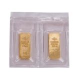 2 x Goldbarren zu je 2 x 10g GOLD fein, Degussa, beide Barren in hist. Form,