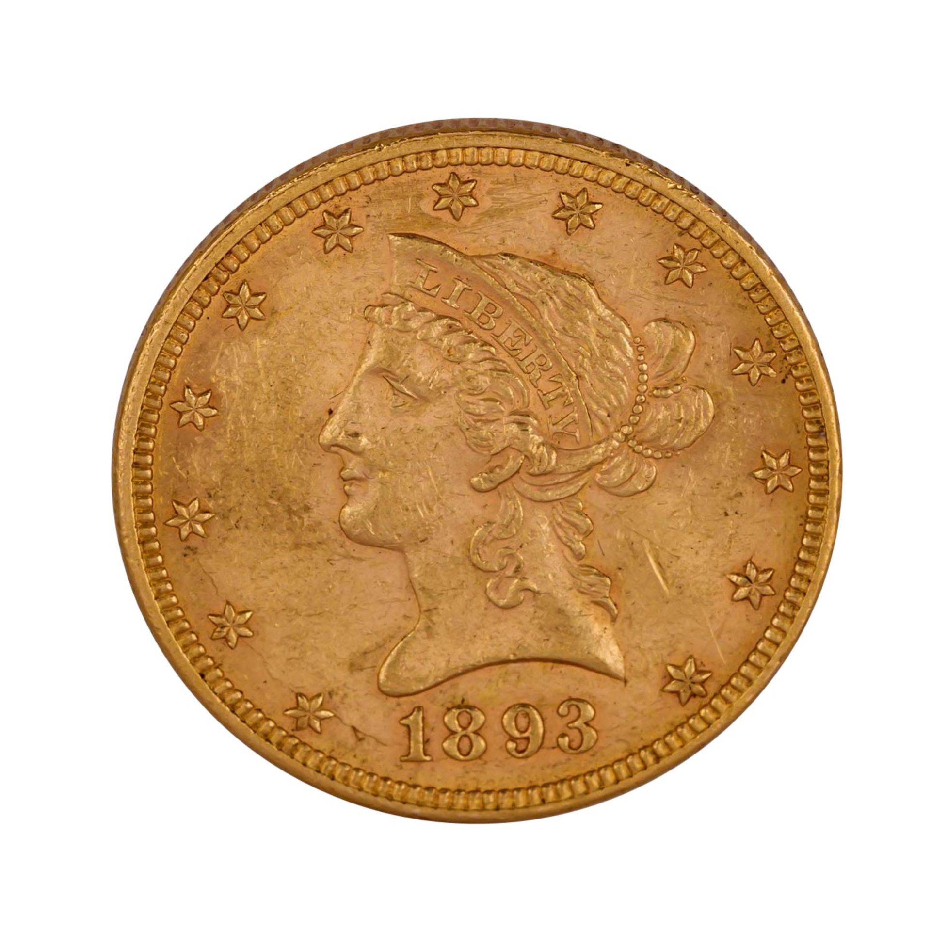 USA - 10 Dollars 1893/ohne Münzzeichen, Coronet Head, GOLD,