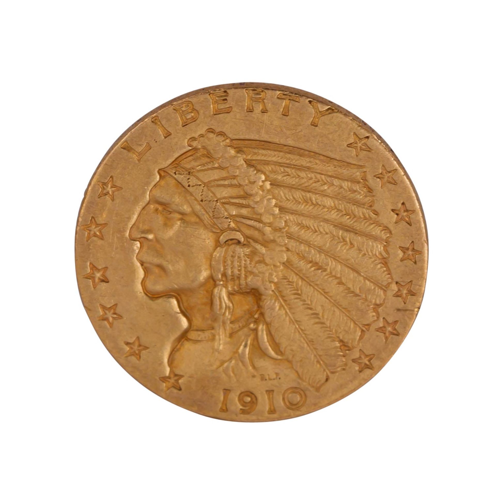 USA - 2,5 Dollars 1910/ohne Münzzeichen, Indian Head, GOLD, - Bild 2 aus 2