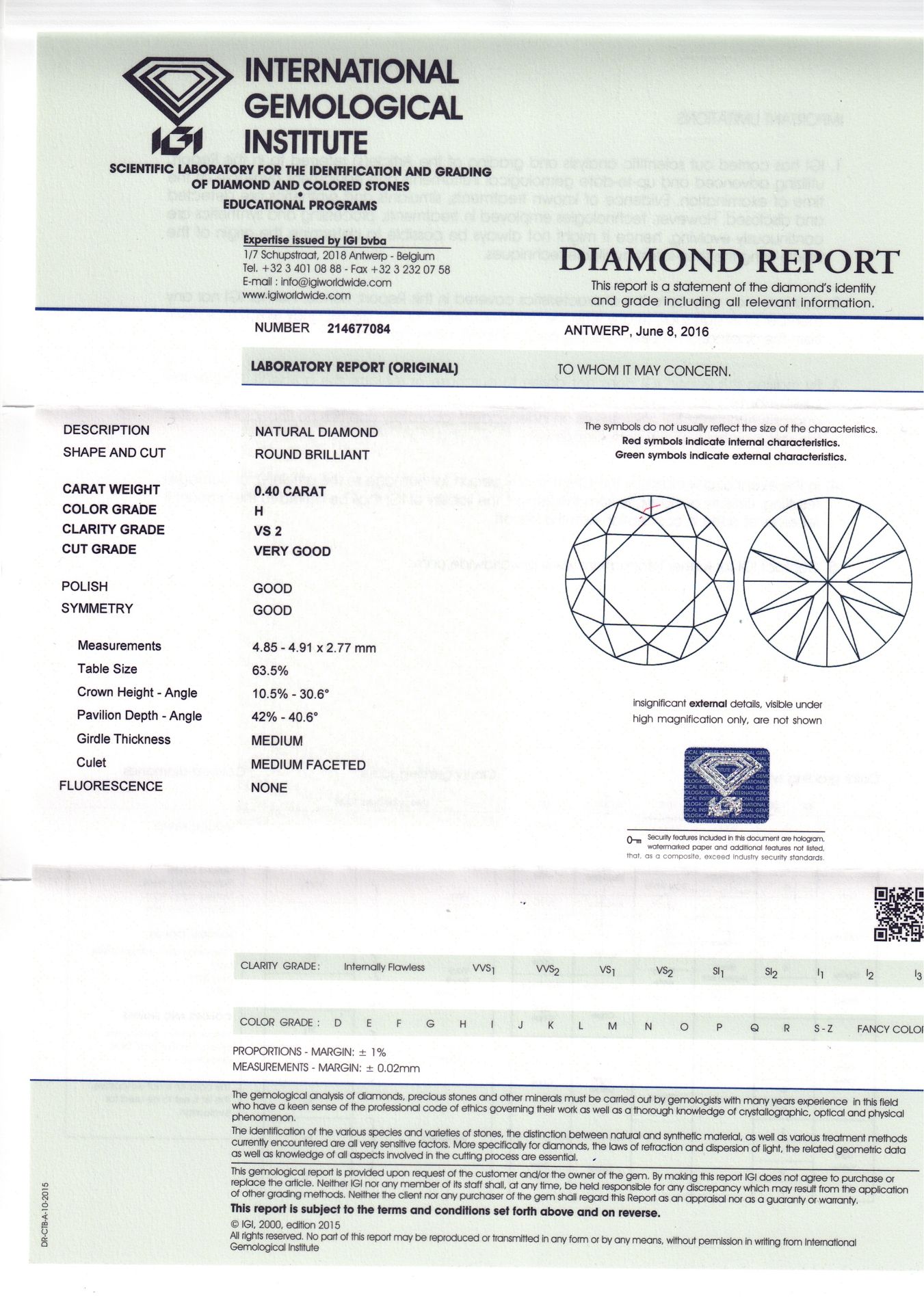 Loser Brillant von 0,40 ct, WEISS (H)/VS2, - Image 3 of 3