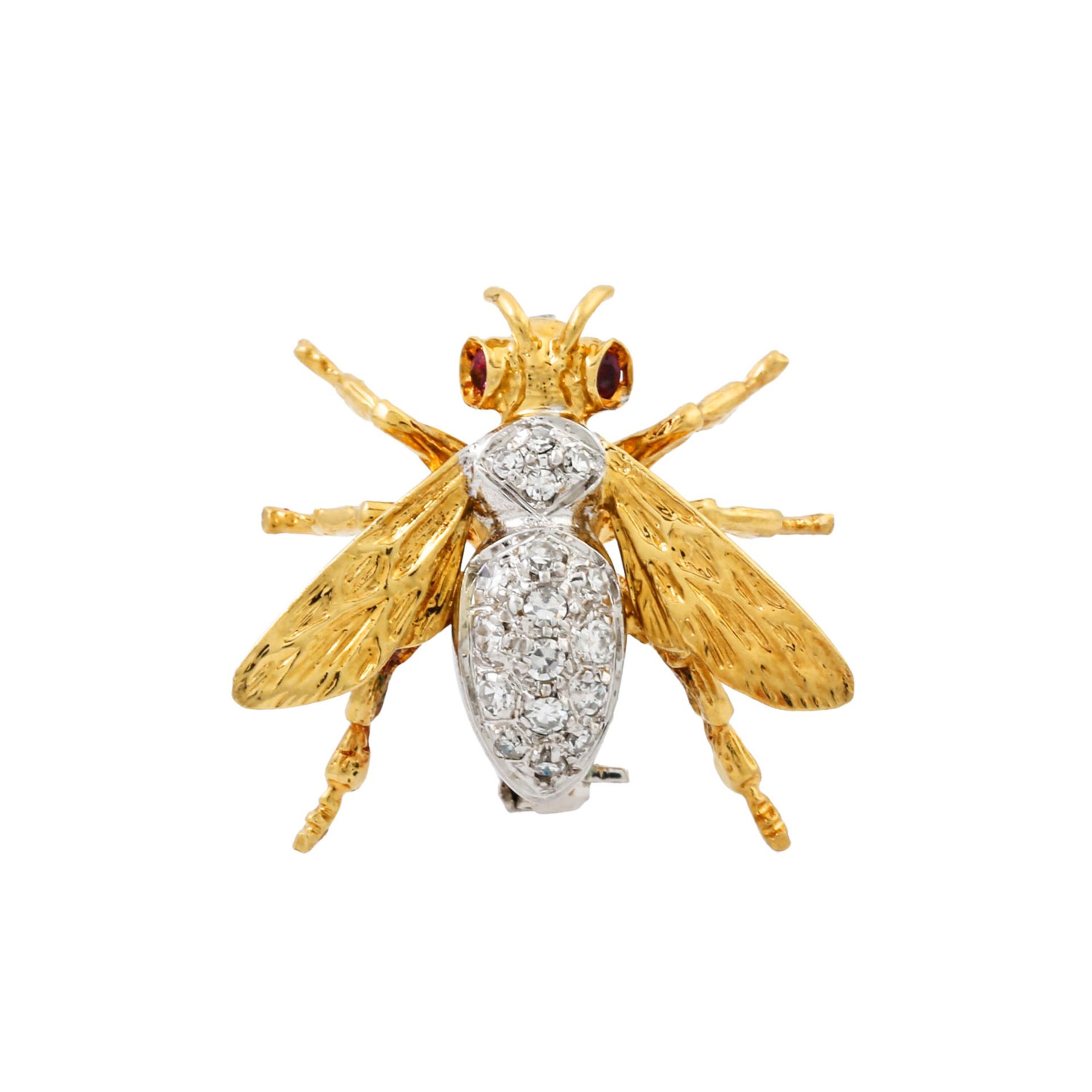 Brosche "Fliege" mit 2 Rubinen und 17 Diamanten von zus. ca. 0,2 ct,