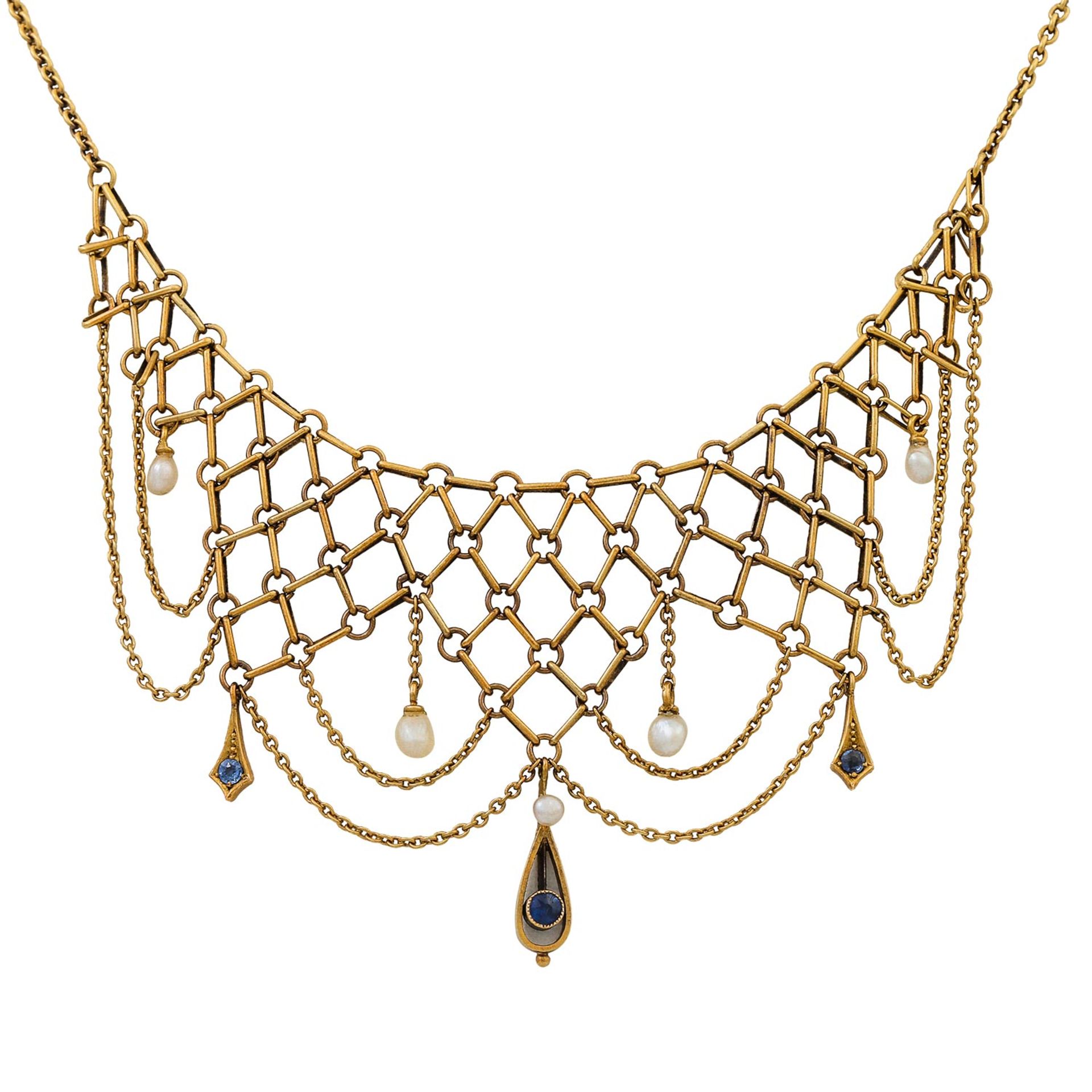 Jugendstil zartes Collier mit kleinen Perlen und Saphiren, - Bild 2 aus 6