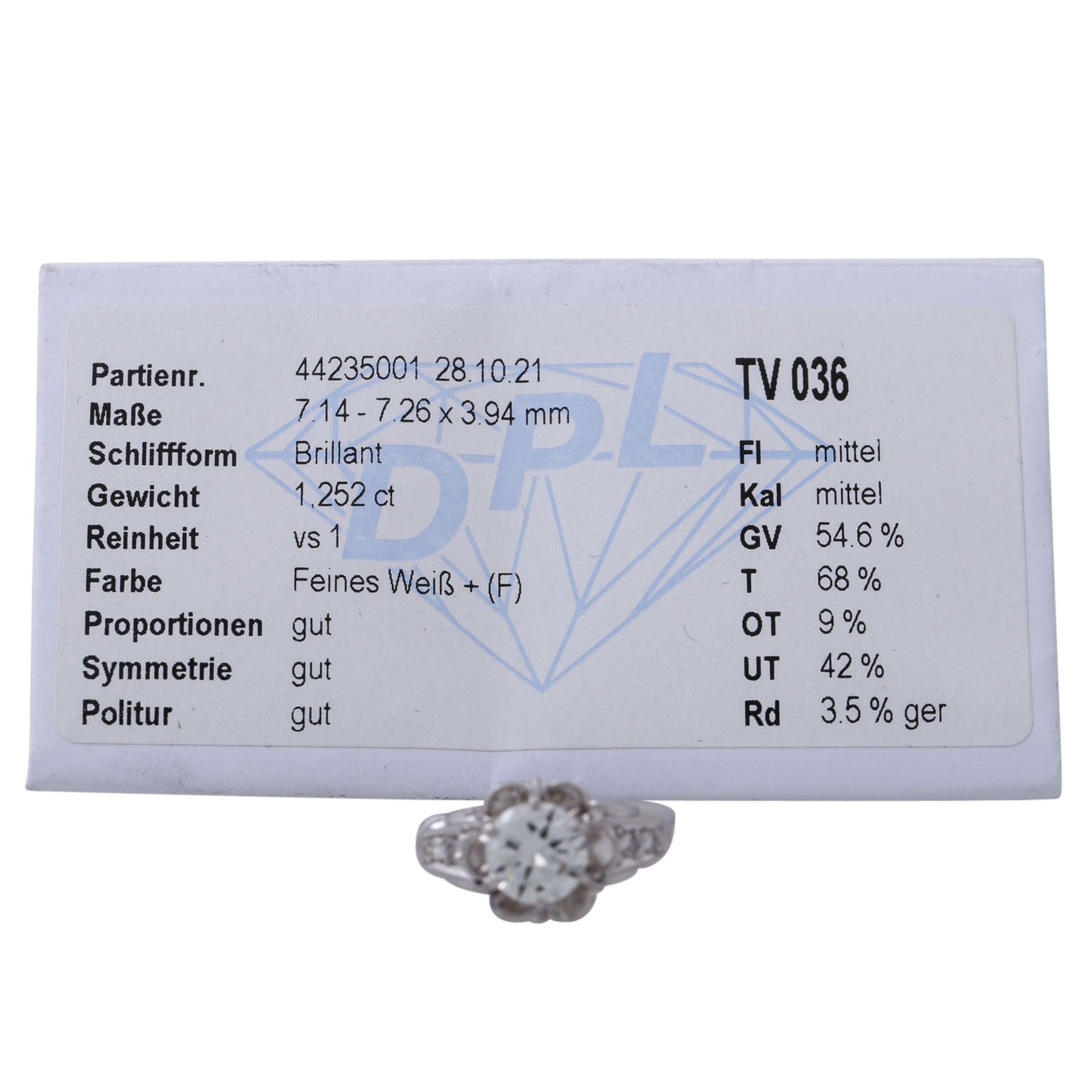 Schöner Diamant-Blütenring mit großem Brillant von 1,25 ct, - Bild 6 aus 7