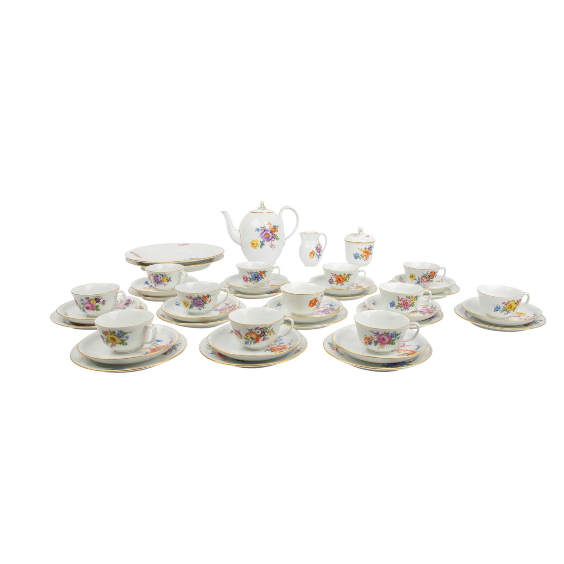 MEISSEN Teeservice f. 12 Personen 'Bunte Blume', 1. Wahl, 20. Jh.