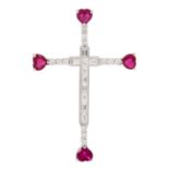 Anhänger "Kreuz" mit 4 Rubinherzen und Diamanten von zus. ca. 0,6 ct,