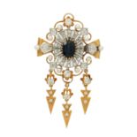 Brosche mit Saphir, Diamanten zus. ca. 1,8 ct und Perlen,