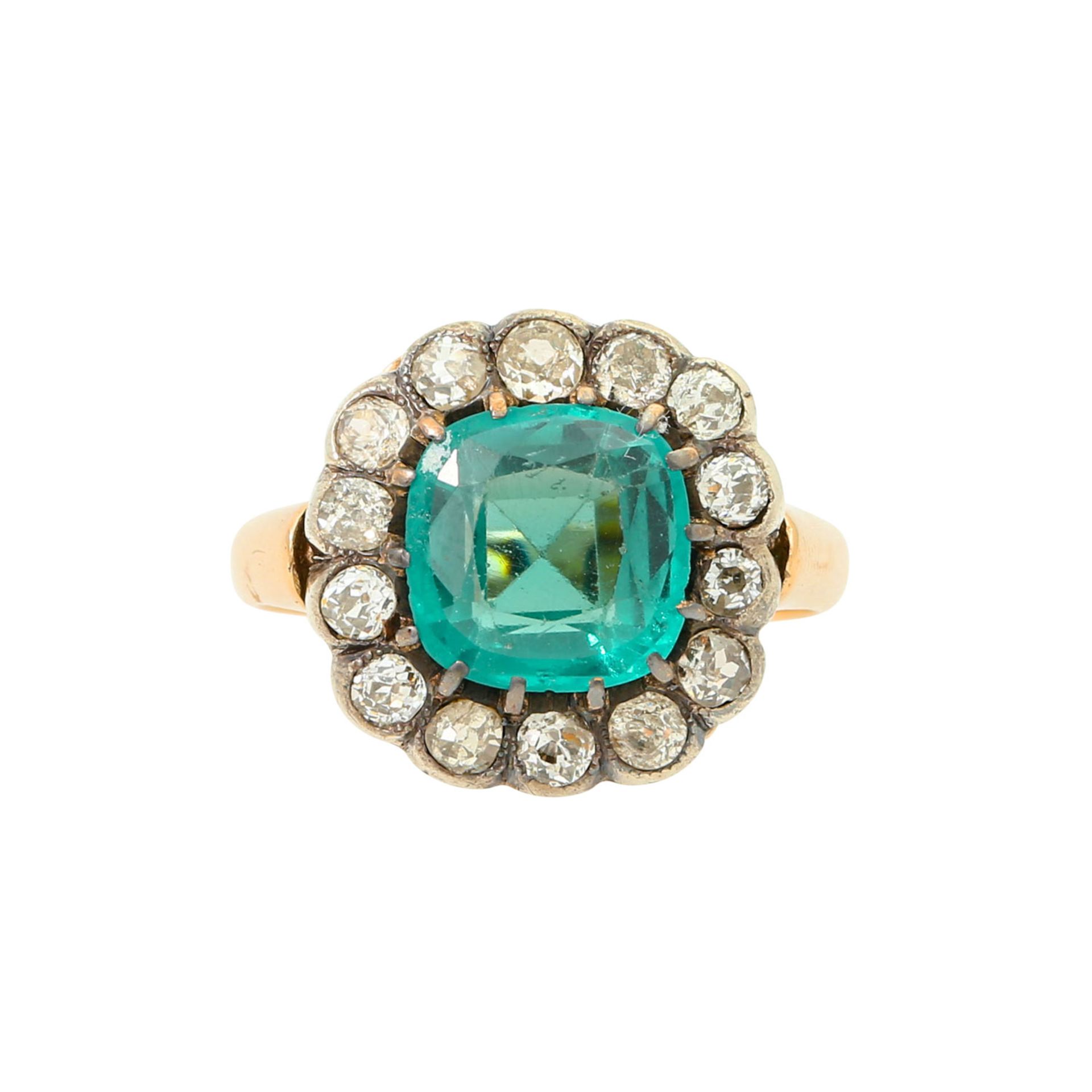 Ring mit grünem Imitationsstein umgeben von Altschliff-Diamanten zus. ca. 0,50 ct - Bild 2 aus 4