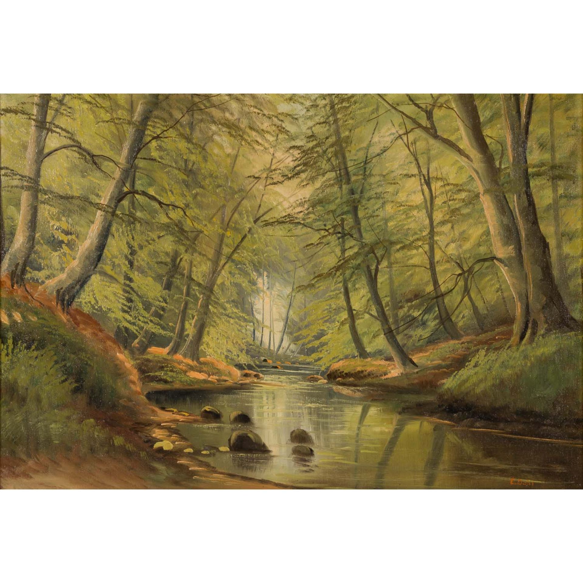 DAHL, E. (Maler/in 19./20. Jh.), "Fluss im Birkenwald",