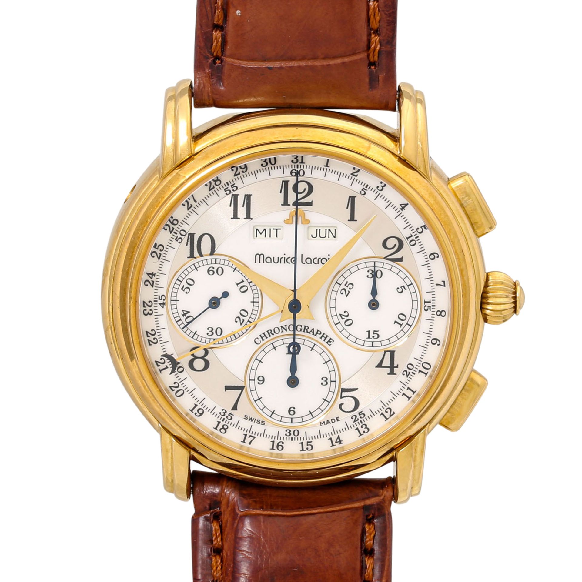 MAURICE LACROIX Masterpiece Triple Date Herren Chronograph, Ref. 70752. Full Set aus 1998.