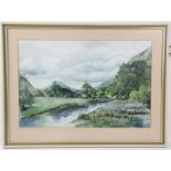 L. Moss, landscape with stream to foreground. Watercolour. Signed lower right. Framed and glazed.