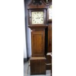 19th century crossbanded oak eight day longcase clock, the hood with swan-neck pediment and fluted