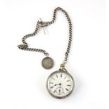 19th century silver top wind pocket watch Birmingham 1892 on a silver chain with T bar and Zar