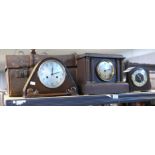 A Sessions Clock Co mantel clock, a Smiths mantel clock and another mantel clock and a trunk case