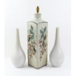 Pair of Poole Pottery mottled grey bottle vases, and a pottery lamp base decorated with flowers,