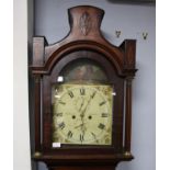 Early 19th century inlaid mahogany eight day longcase clock, the arch painted with a maiden and a