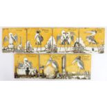 Set of seven hand painted tiles, depicting 'The Seven Ages of Man' in the form of a storks,