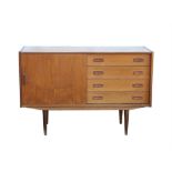 AMENDED DESCRIPTION - G-Plan style teak side cabinet, with four drawers beside a sliding cupboard