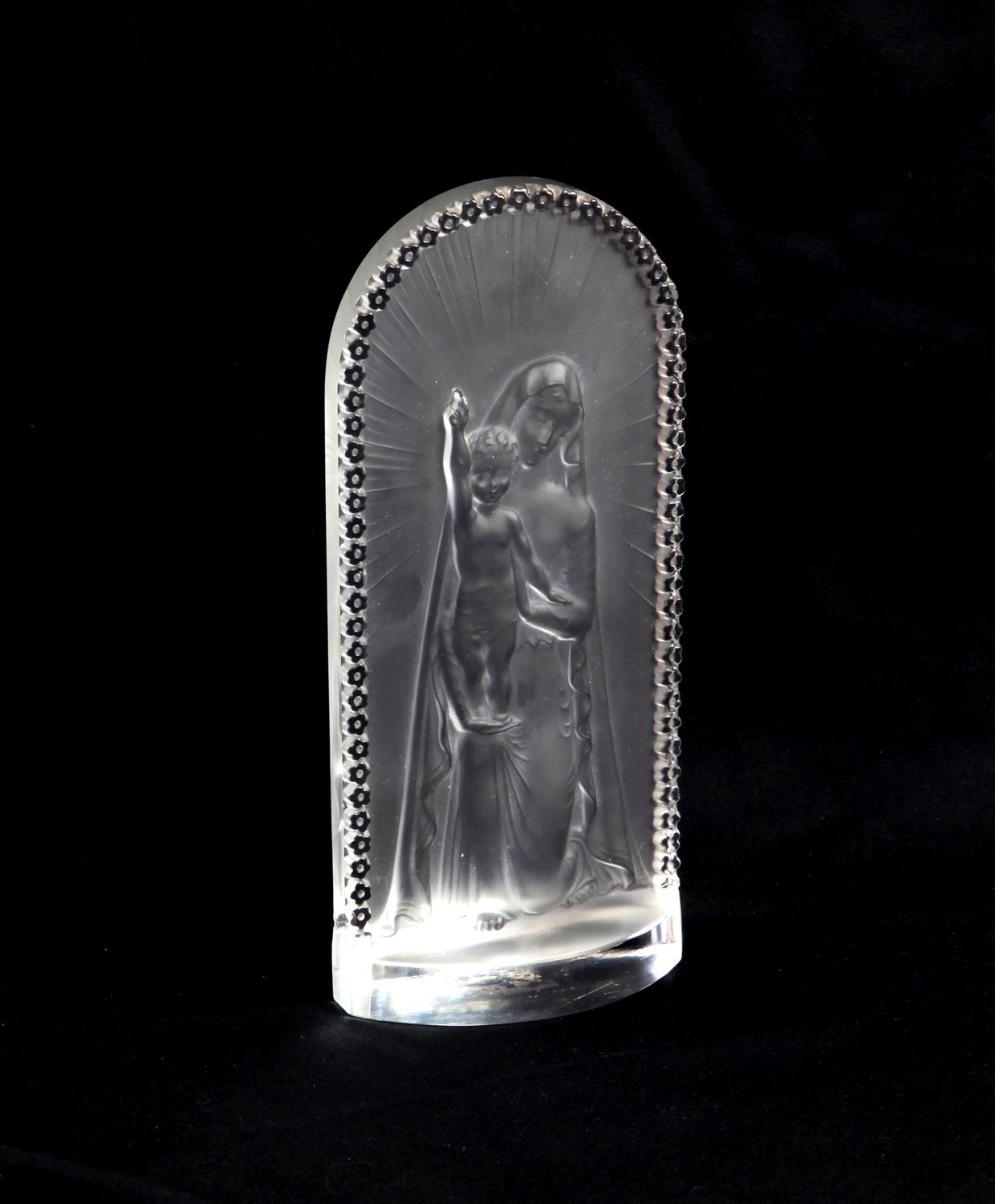 Lalique standing plaque depicting the Madonna and child, etched Lalique France to the base, H19.5 cm