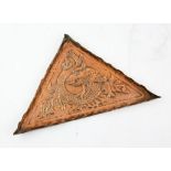 Triangular Arts and Crafts copper card tray embossed with a sea monster 30cm x 24cm
