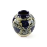 Royal Doulton stoneware vase, glazed with blue grape and rose decoration, 14.5 cm high