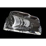 Kosta glass ornament depicting a Viking longboat, approx length 25cm.