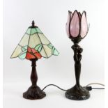 Two reproduction Art Nouveau style table lamps, including a Tiffany style table lamp with coloured