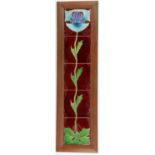 Framed set of five Mintons tiles forming a poppy, believed to be by Wadsworth 1902 77cm 15cm