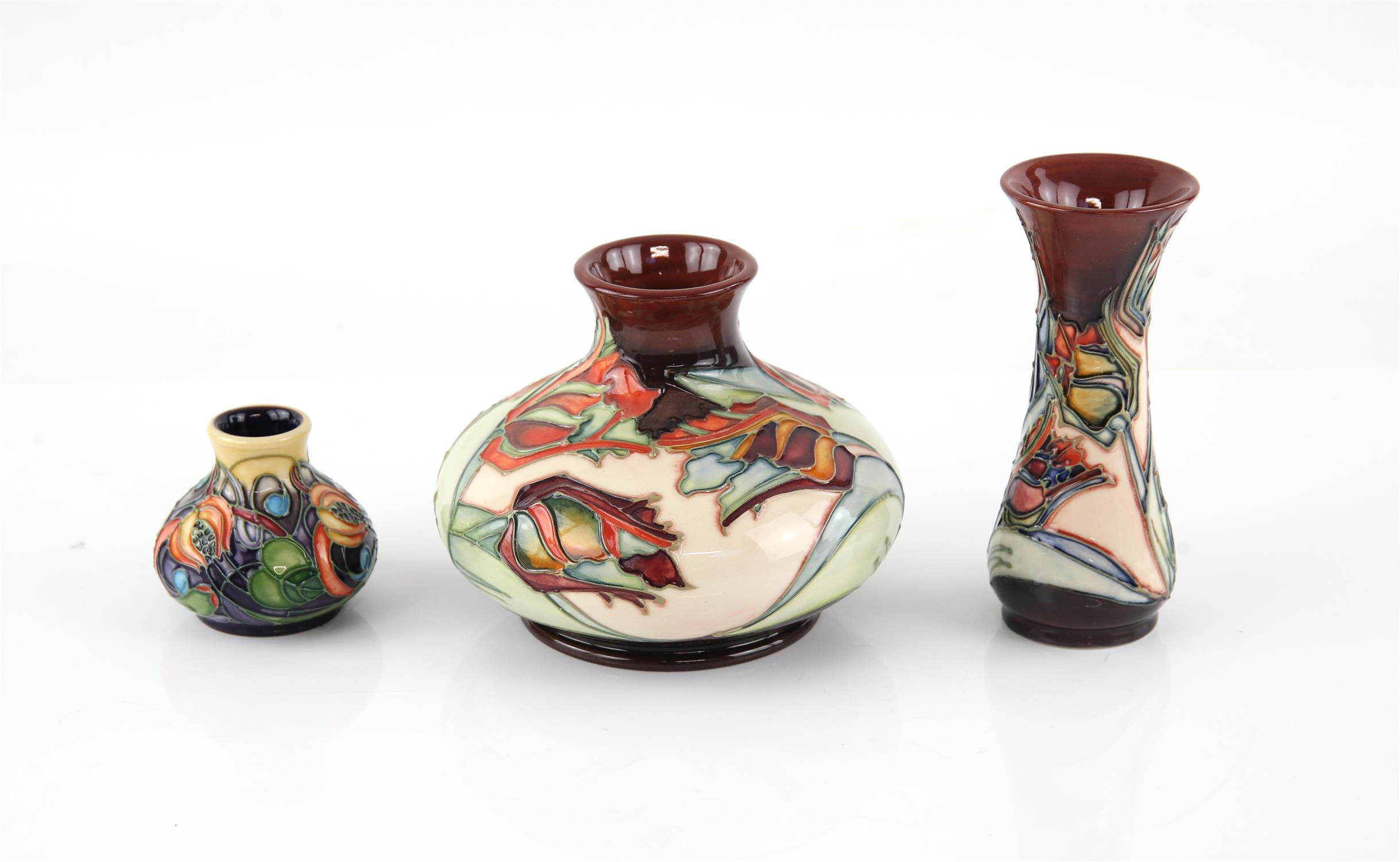 Moorcroft Pottery 'Red Tulip' pattern squat baluster vase, impressed marks, 10.5 cm high,