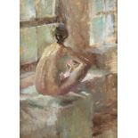 § Sherree Valentine Daines, (British b. 1959), Nude sitting by a window, singed, oil on board,