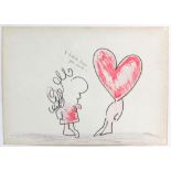 Attributed to Mel Calman (1931-1994), 'I didn't know you cared'. Pen and pastel cartoon drawing.