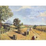 Marjorie Joy Altaras (British, twentieth century), 'Harvest Time in Cheshire'. Oil on board.