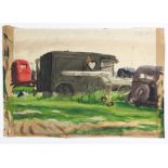Joe Stefanelli (American, 1921-2017), military vehicles in a field (1941). Watercolour.