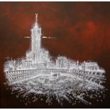 § Stephen Watkins (British). 'Gathering of Souls', acrylic on canvas depicting Mecca on a dark red
