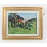 Twentieth-century English school, landscape with horses and foal, oil on canvas, framed and glazed,