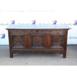 18th/19th century oak coffer with carved panelled front on square supports, h70 x w144 x d56cm,