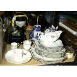 Coalport blue and white teapot, 15 cm high, Shelly square plates and sauce boat, majolica sardine