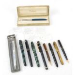 Collection of vintage fountain pens and pencils, including a Wahl Oxford, Waterman’s 512V,