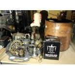 Various pewter and other metal wares, including tankards tea pots and copper buckets