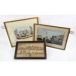 Prints, to include: Renaissance canal scene, framed and glazed, 19.5 x 36cm; hand-coloured print