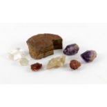 Box of gemstone and mineral specimens, including a bag of beaded gemstones and other cabochon and