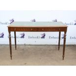 20th century beechwood writing table with two drawers on turned and reeded supports,