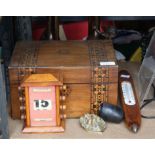 Pair of Kayser cherub vases, 34cm, walnut and parquetry sewing box, desk calendar,