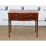 20th century mahogany and rosewood cross-banded serpentine side table with two short over one long