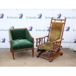 Early 20th century turned beechwood rocking chair and a mahogany framed and green upholstered tub