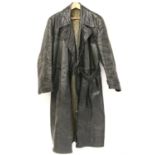 Vintage long leather coat in dark green with quilted satin lining