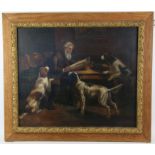 Twentieth-century European School, interior scene with old man surrounded by his dogs.