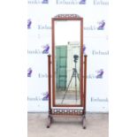 20th century mahogany framed cheval mirror on twin end supports, 160cm high,