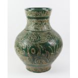 Green glaze stoneware vase, with stylised and square scroll decoration, impressed mark on the base,