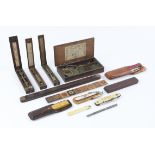 Four cased coin pocket balances, another set of coin balances, Tonbridgeware ruler and other